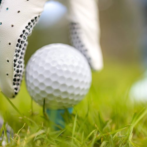 Hand in glove placing golf ball on tee